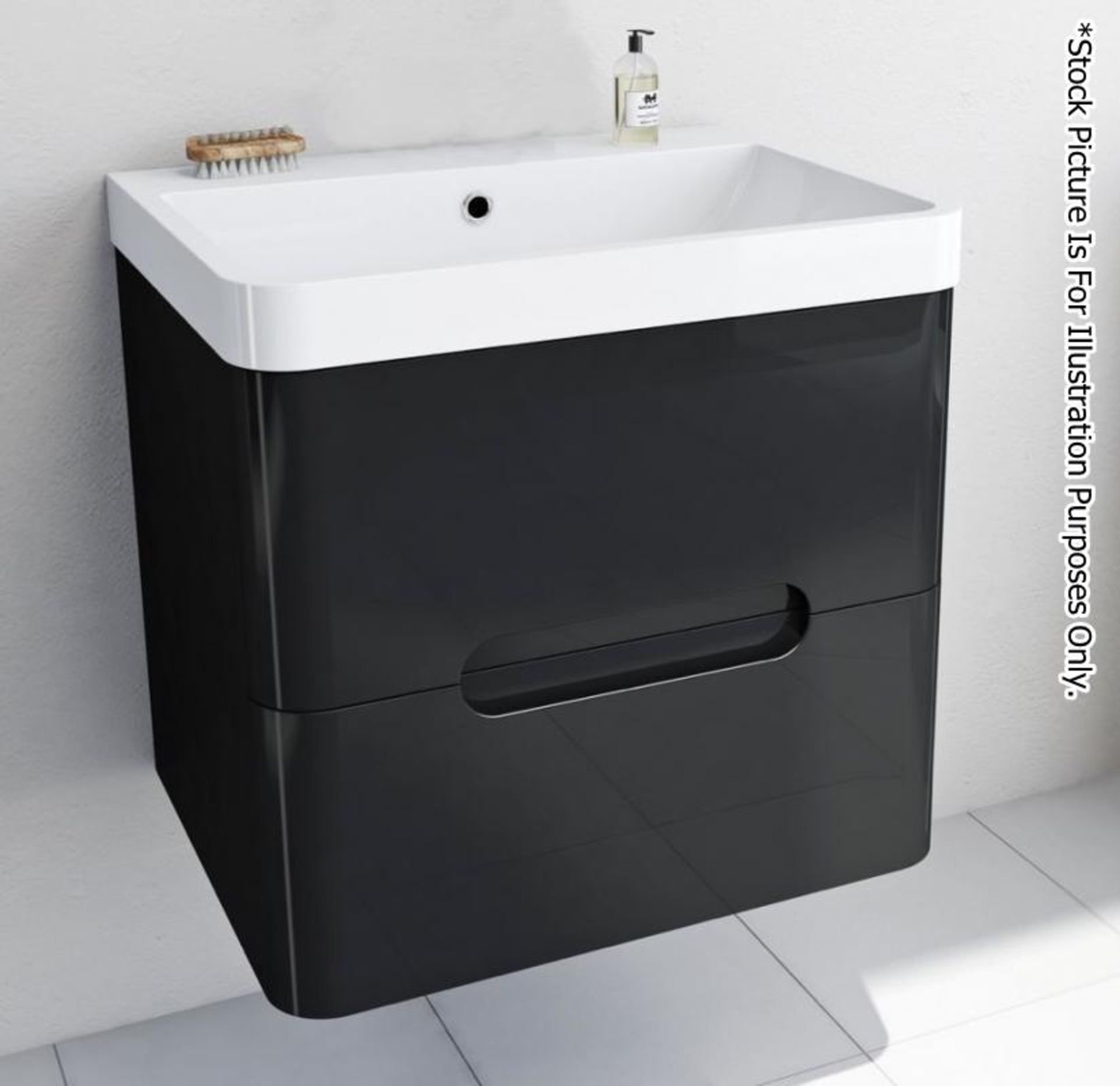 1 x Mode Planet Black Gloss Wall Hung Vanity Unit - Features Curved Edges And Soft Close Drawers - C