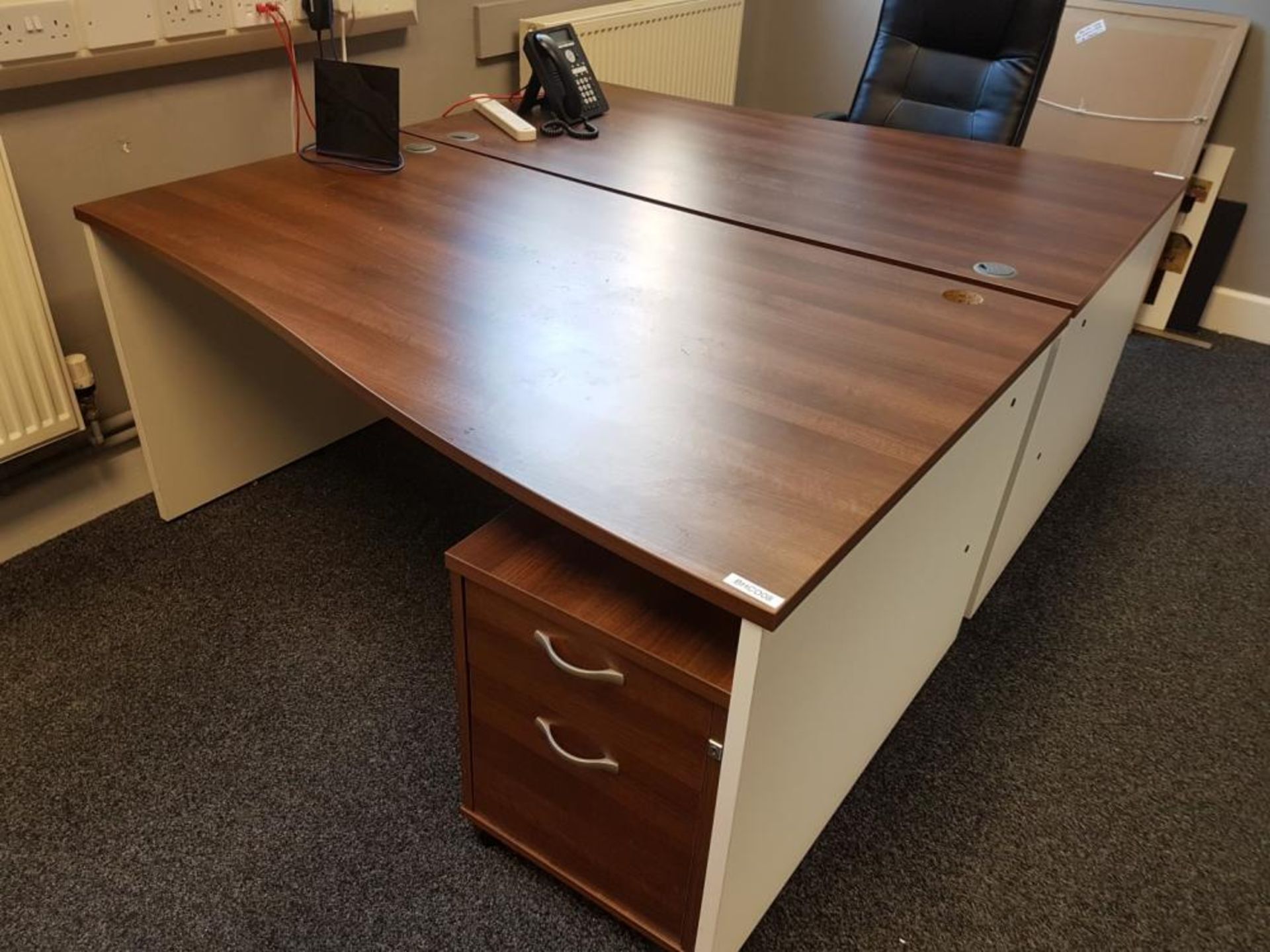1 x Contemporary Wave Right Hand Office Desk - Walnut Finish With White Panelled Legs - Heat and