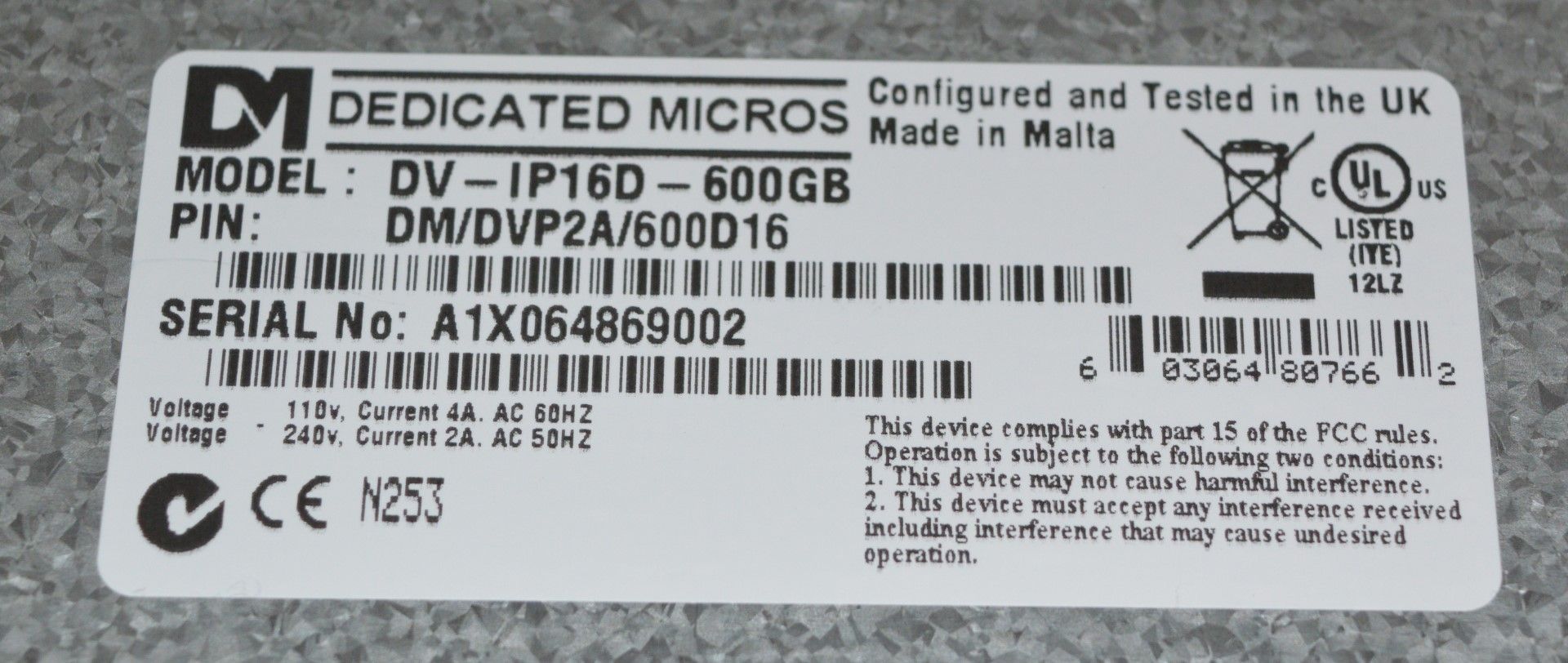 1 x Dedicated Micros CCTV Unit - Model DV-IP16D-600GB - CL270 Ref JP700 - Location: Altrincham WA14 - Image 4 of 4