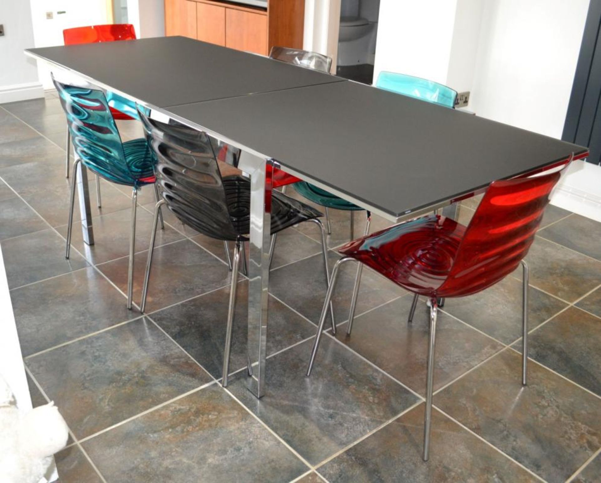 1 x Contemporary Calligaris Frosted Black Glass Extending Dining Table With 6 L&#39;Eau Chairs - CL2 - Image 2 of 14