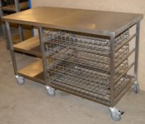 1 x Commercial Prep Table on Castors - Features Undershelves and Four Pull Out Wire Shelves - Stainl