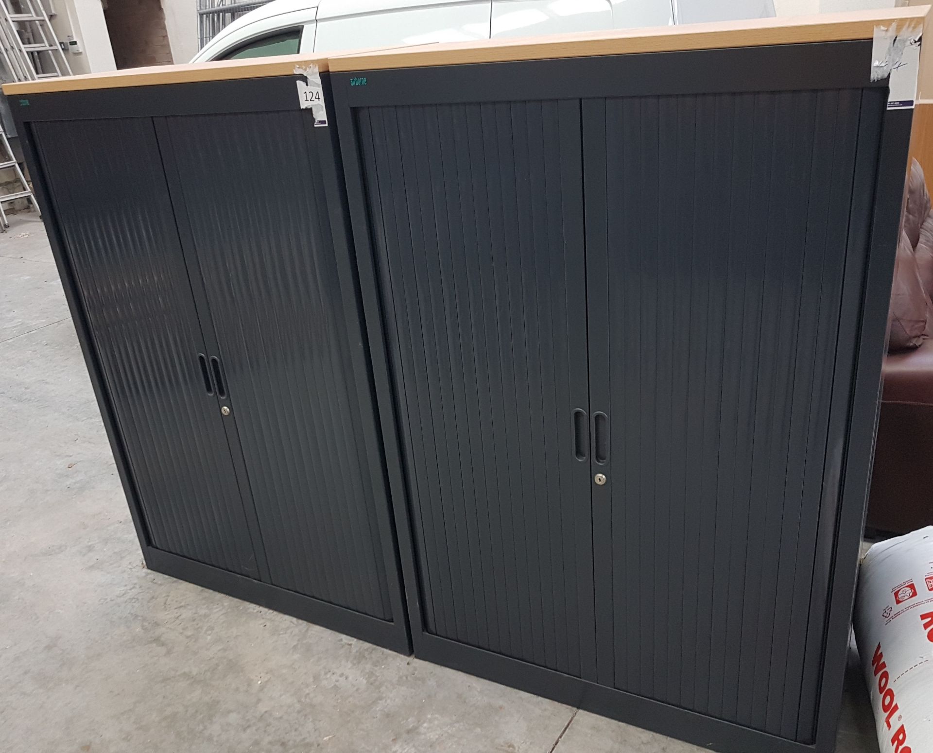 2 x Airbourne Metal Storage Cabinets With Sliding Doors - Dark Grey Finish With Wooden Tops