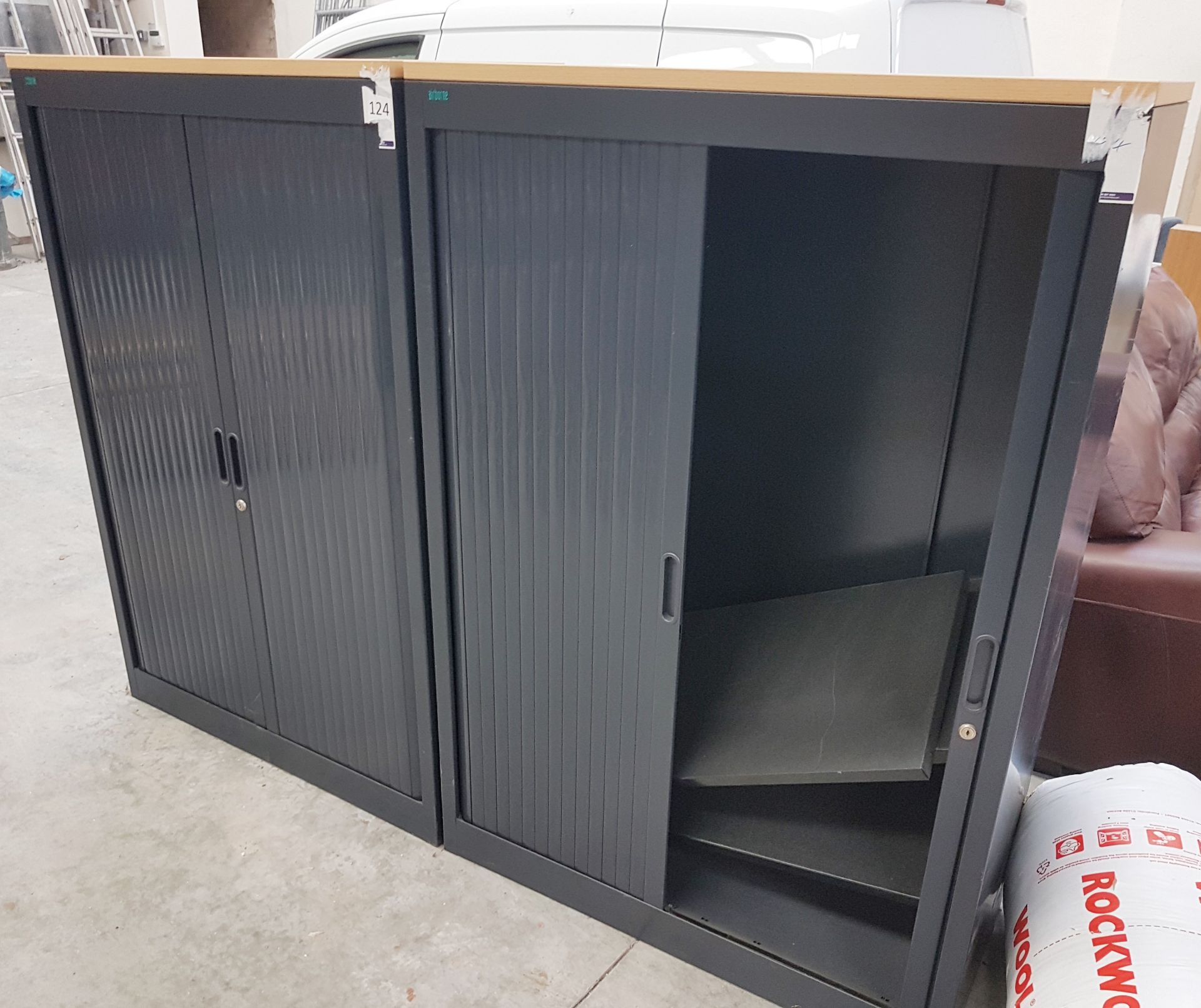 2 x Airbourne Metal Storage Cabinets With Sliding Doors - Dark Grey Finish With Wooden Tops - Image 2 of 4