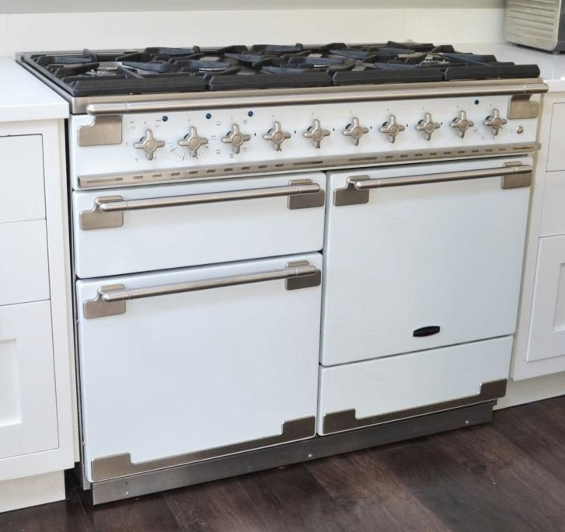 1 x Rangemaster Alise 110cm 6-Burner Gas Cooker In White And Brushed Steel - Used In Very Good, Clea