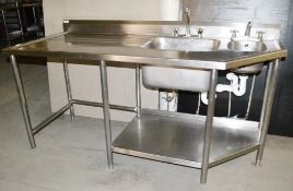 1 x Commercial Right-hand Double Sink Unit With Mixer Taps, Spillage Lip, Splashback and Undershelf