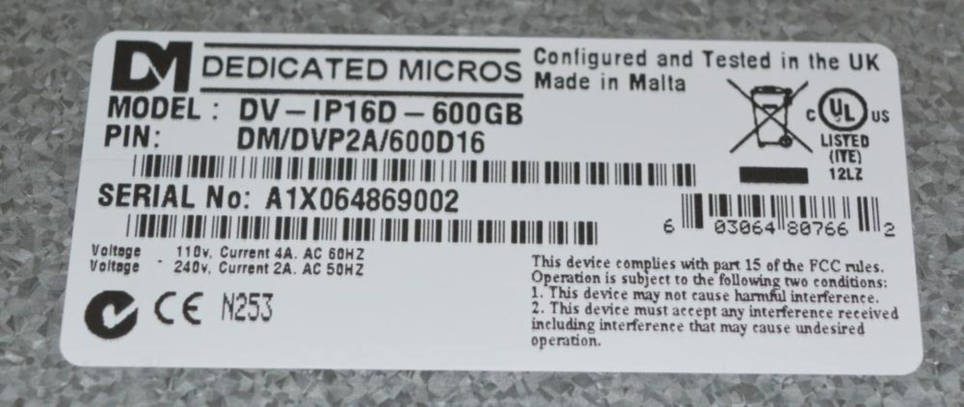 1 x Dedicated Micros CCTV Unit - Model DV-IP16D-600GB - CL270 Ref JP700 - Location: Altrincham WA14 - Image 2 of 5