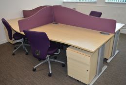 4 x Wave Office Desks With Privacy Partitions - Beech Finish With Purple Privacy Panels - Desk