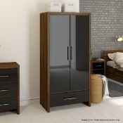 1 x LONDON Gents 2-Door, 1-Drawer Wardobe - Features A Walnut & Black Gloss Finish - Ref: DY145/WD18