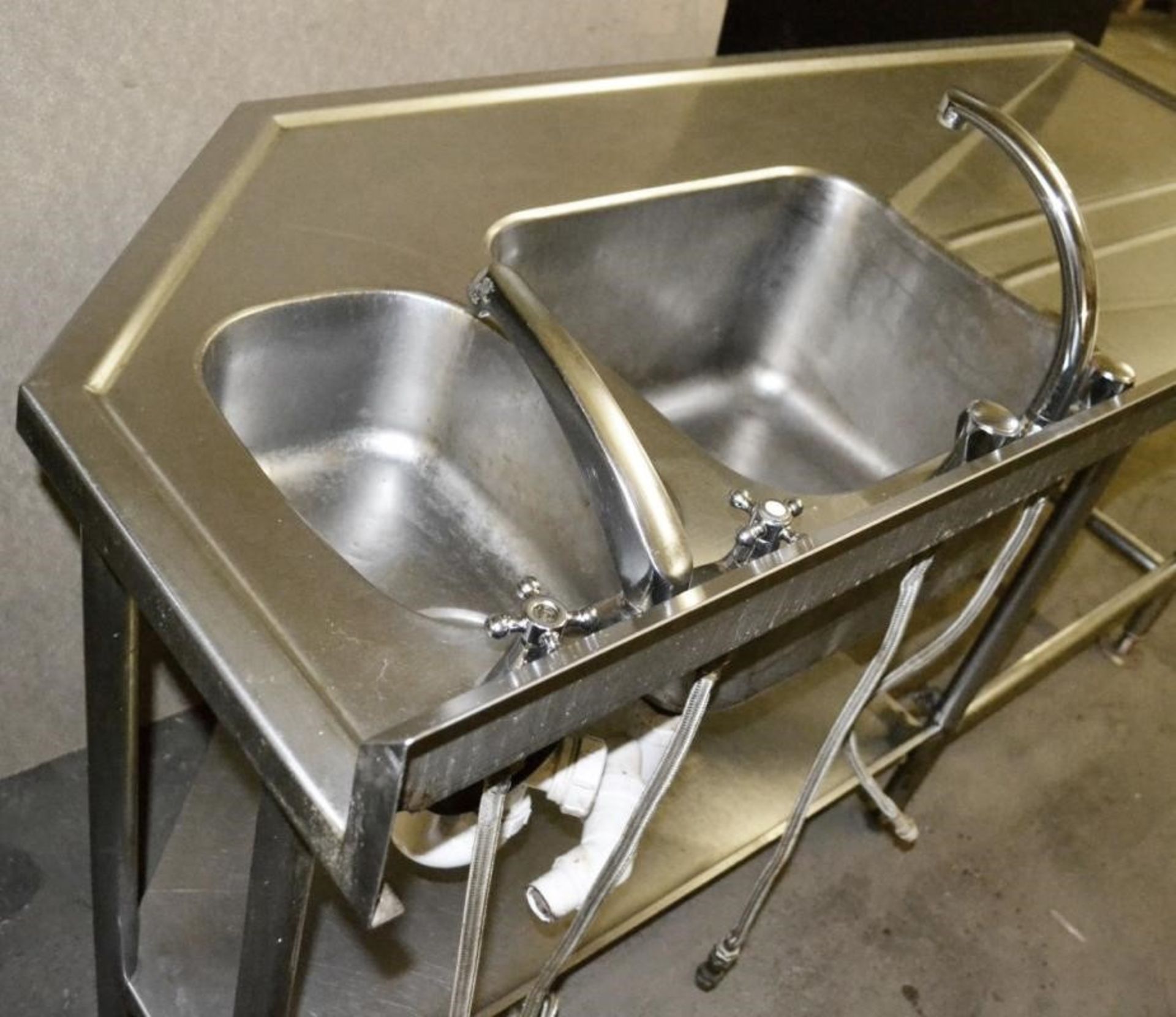 1 x Commercial Right-hand Double Sink Unit With Mixer Taps, Spillage Lip, Splashback and Undershelf - Image 6 of 7