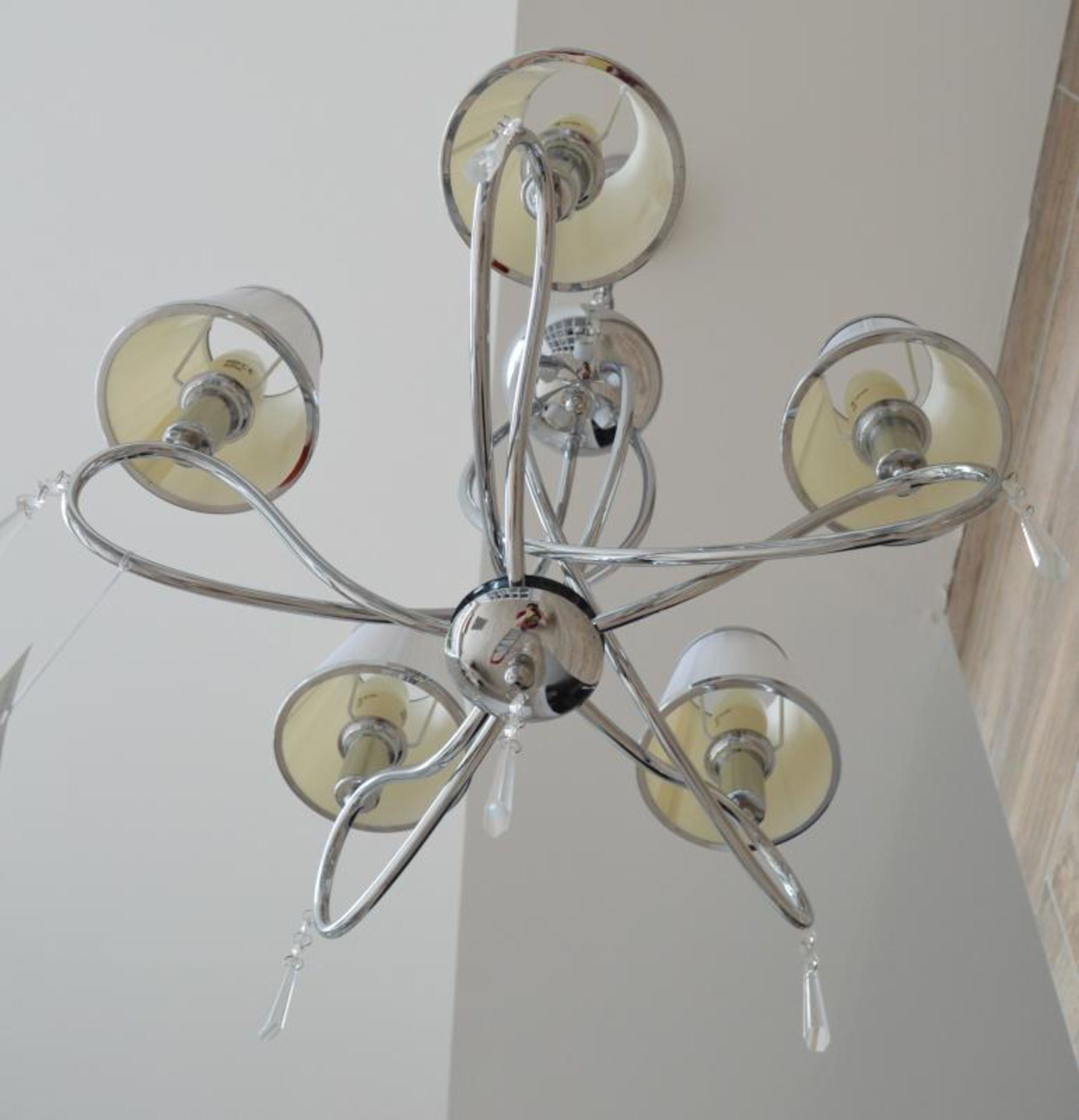 1 x Simplicity Chrome 5 Light Fitting With Glass Drops and White String Shades - Ex Display Stock - - Image 2 of 6