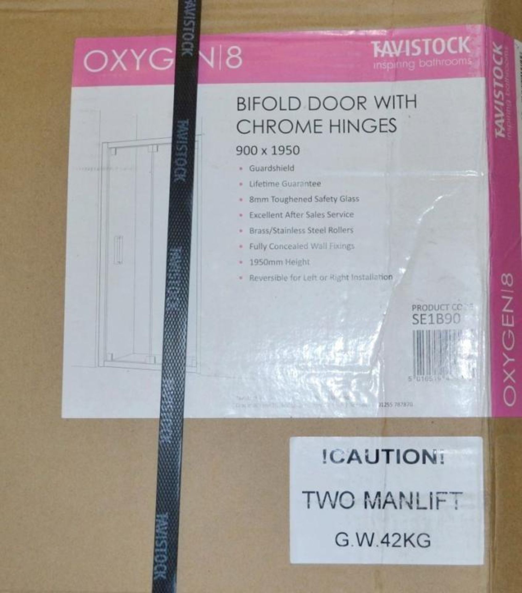 1 x Tavistock Oxygen8 8mm 900mm Bifold Door With Chrome Hinges - SE1B90 - 900x1950mm - New / Sealed