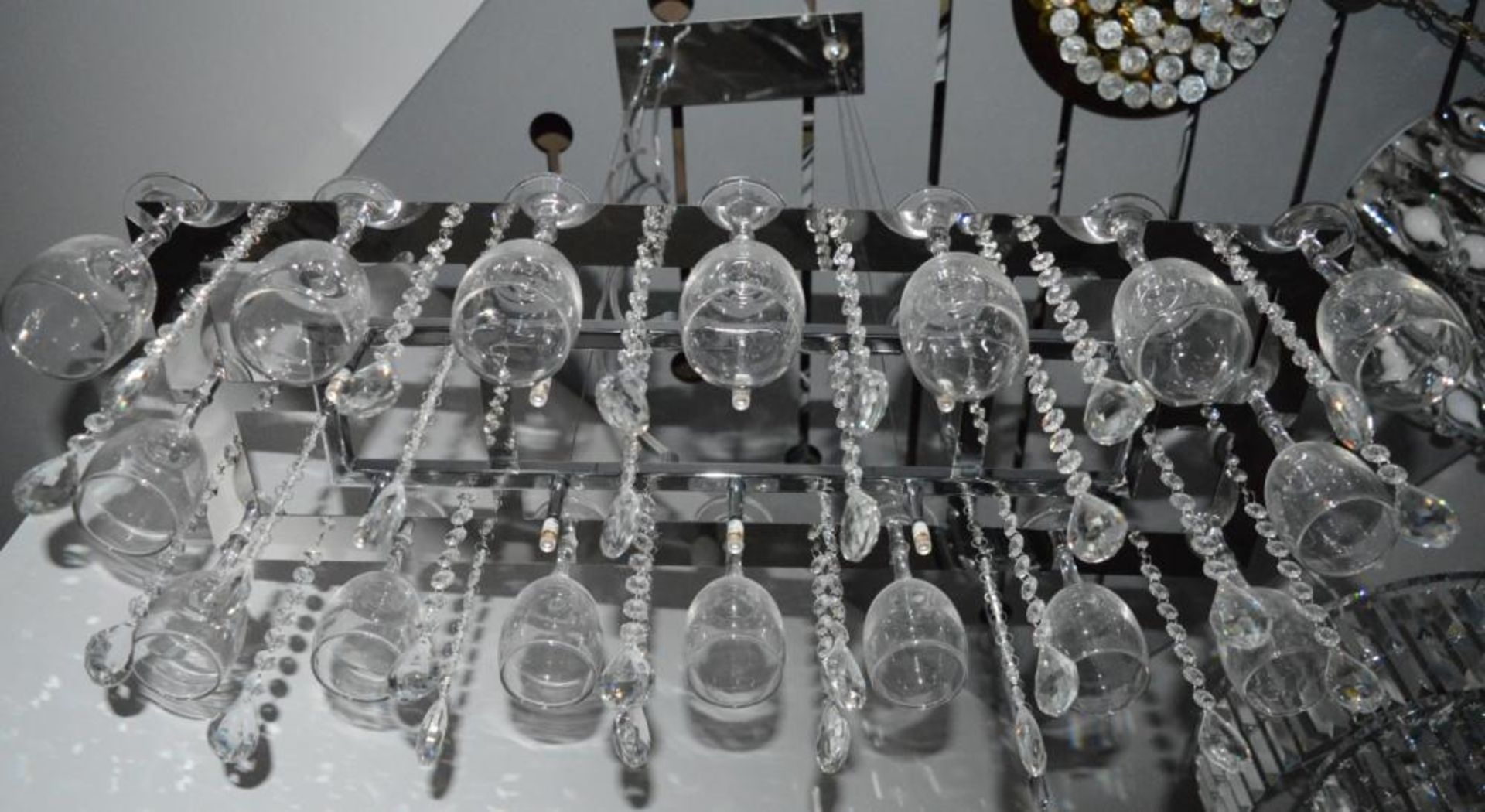1 x Vino Chrome 10 Light Suspended Light Fitting With Crystal Button Drops and Sixteen Wine Glasses - Image 5 of 7