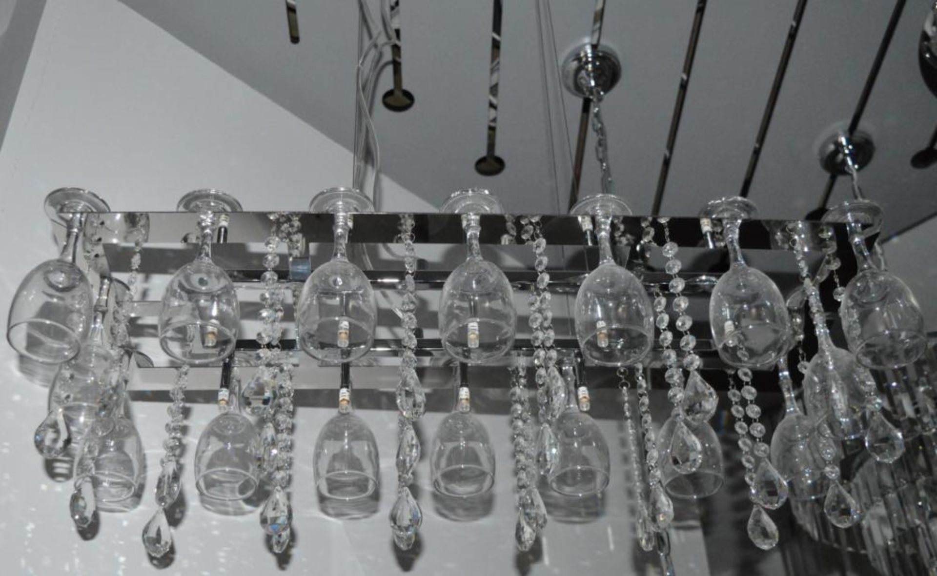 1 x Vino Chrome 10 Light Suspended Light Fitting With Crystal Button Drops and Sixteen Wine Glasses - Image 7 of 7