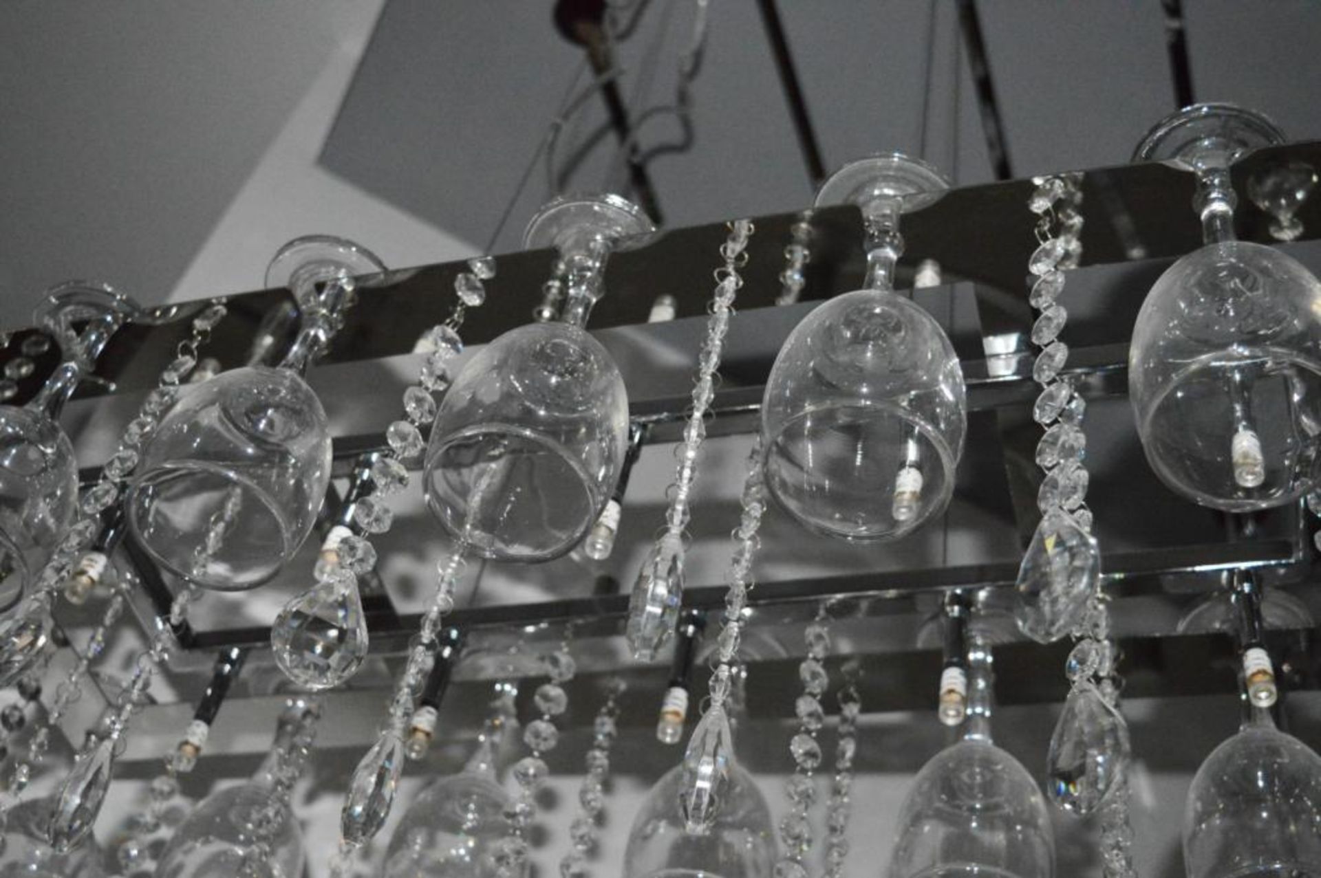 1 x Vino Chrome 10 Light Suspended Light Fitting With Crystal Button Drops and Sixteen Wine Glasses - Image 4 of 7