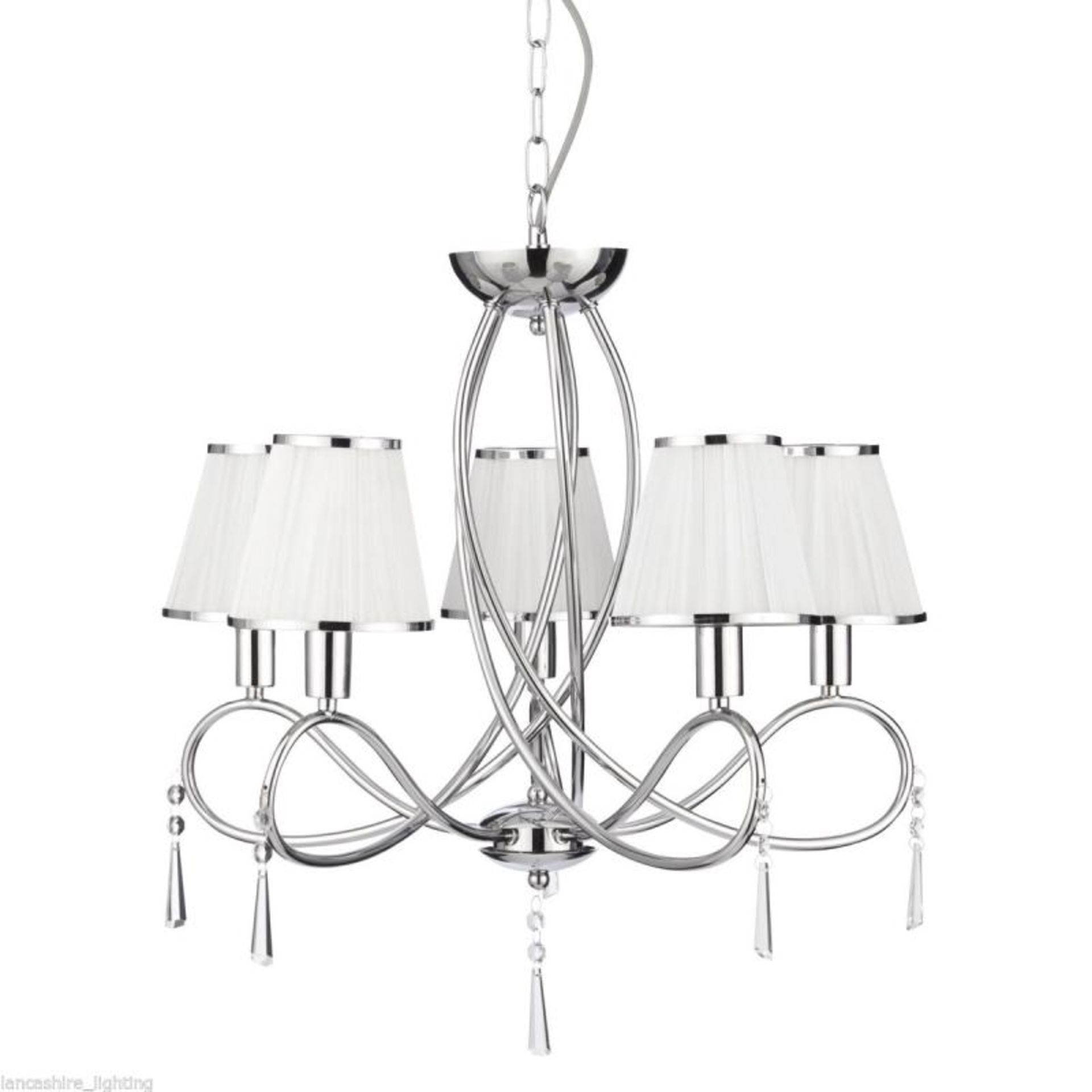 1 x Simplicity Chrome 5 Light Fitting With Glass Drops and White String Shades - Ex Display Stock -