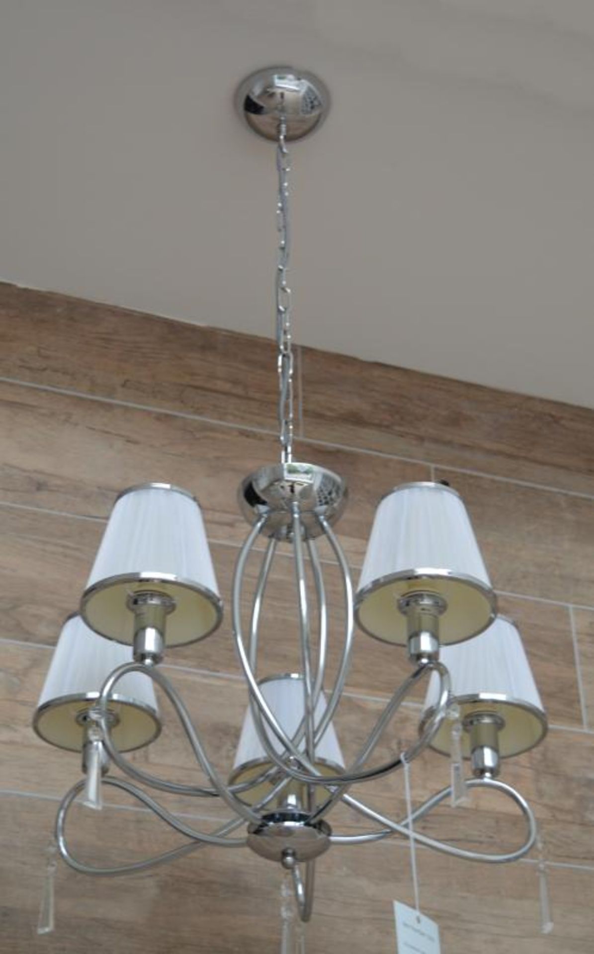 1 x Simplicity Chrome 5 Light Fitting With Glass Drops and White String Shades - Ex Display Stock - - Image 6 of 6