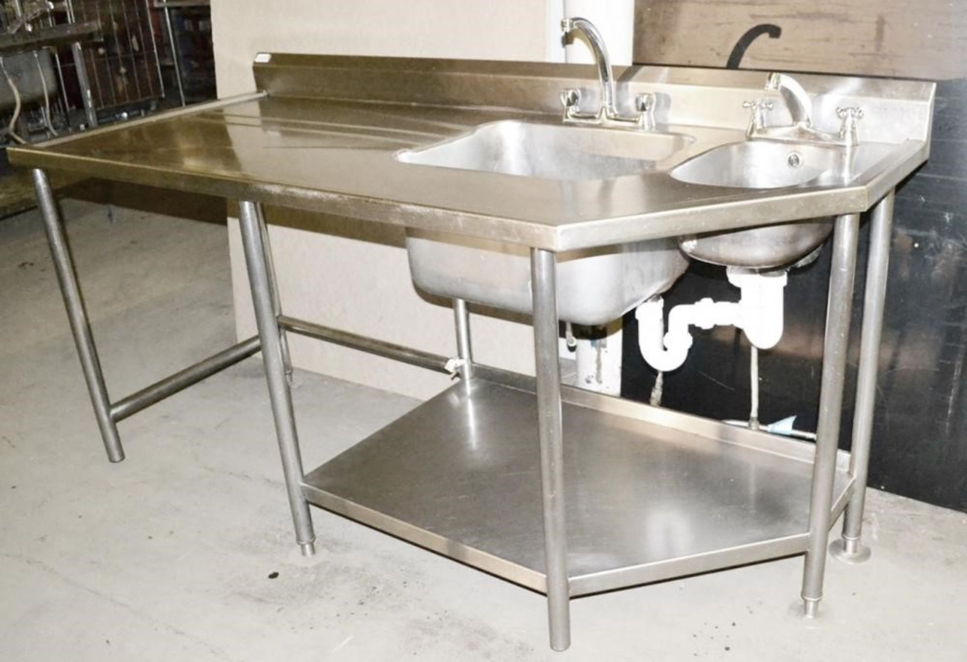 1 x Commercial Right-hand Double Sink Unit With Mixer Taps, Spillage Lip, Splashback and Undershelf - Image 3 of 7