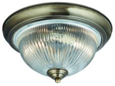 1 x American Diner Antique Brass Flush Ceiling Light Fitting With Cleaed Ribbed Glass Diffuser - IP4