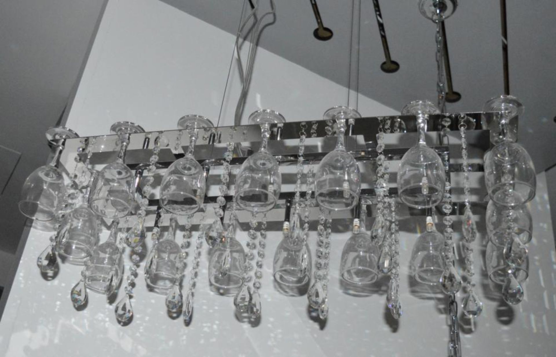 1 x Vino Chrome 10 Light Suspended Light Fitting With Crystal Button Drops and Sixteen Wine Glasses - Image 3 of 7