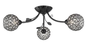 1 x Bellis II Black Chrome Ceiling Semi Flush Light With Three Clear Glass Flower Heads and Leaf Dec