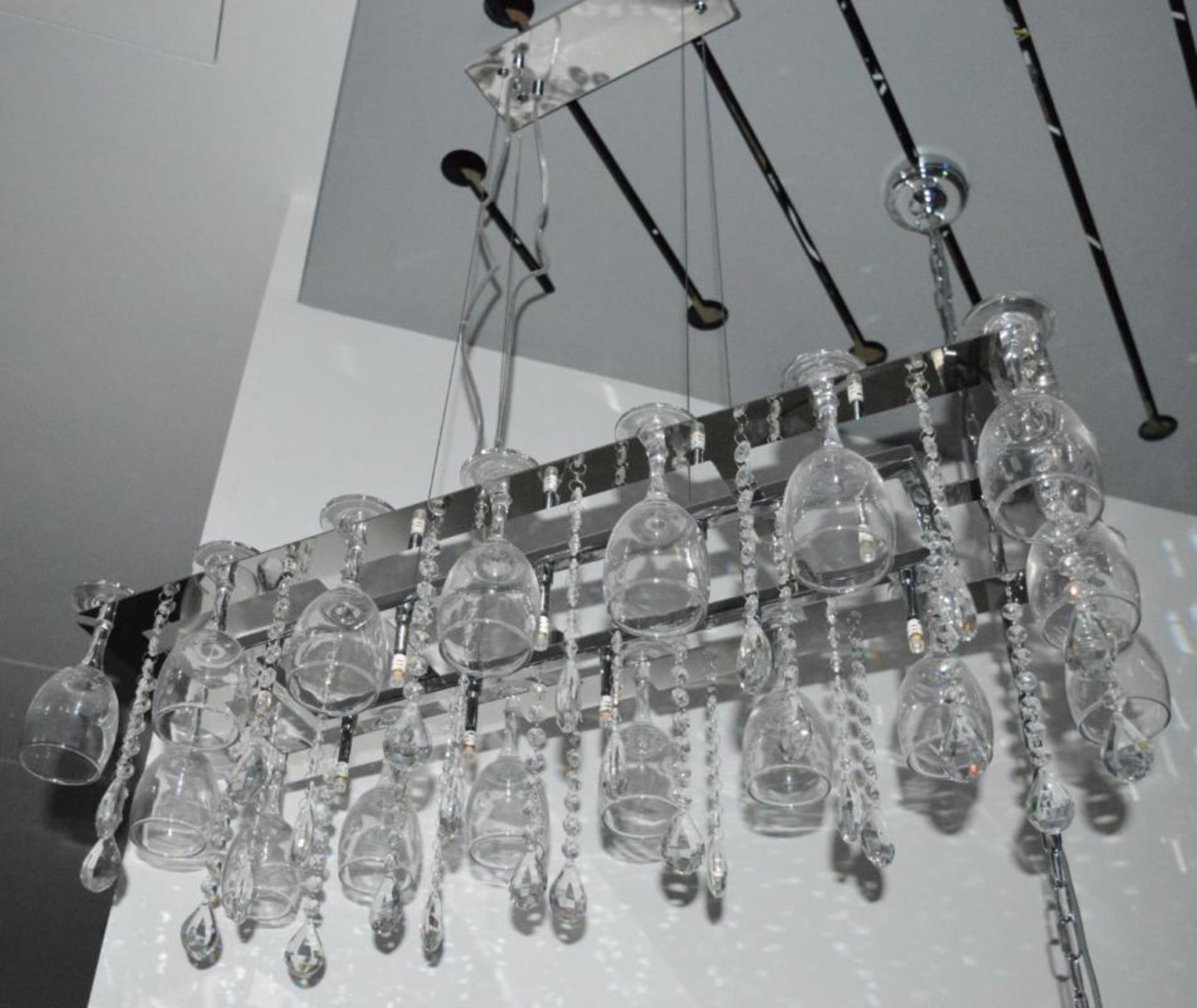 1 x Vino Chrome 10 Light Suspended Light Fitting With Crystal Button Drops and Sixteen Wine Glasses - Image 2 of 7