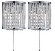 2 x (Pair of) Elise 2 Light Chrome Wall Bracket With Crystal Drops and Metal Twisted Rods - Ex Displ
