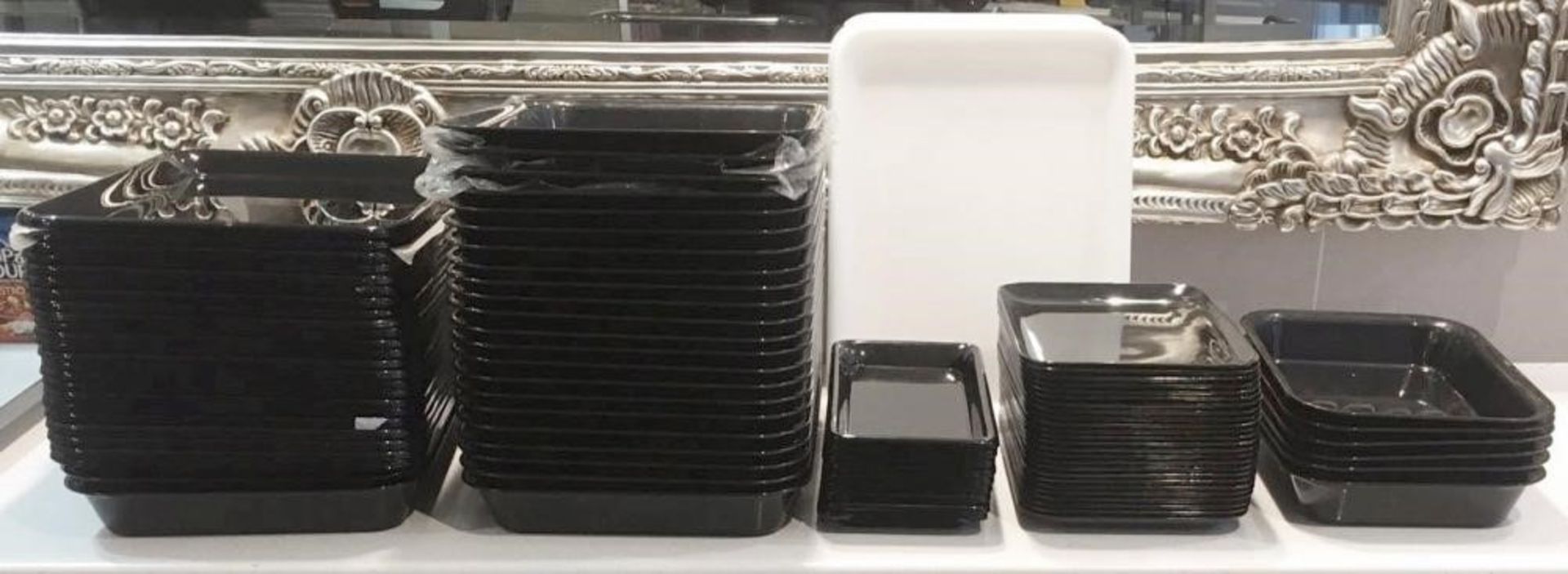 91 x Assorted Acrylic Serving Trays - Various Sizes - Around 12 Months Old In Great Condition - From