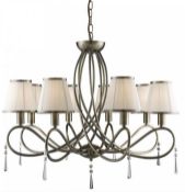 1 x Simplicity Antique Brass 8-Light Fitting With Glass Drops & White String Shades - Ex Display Sto