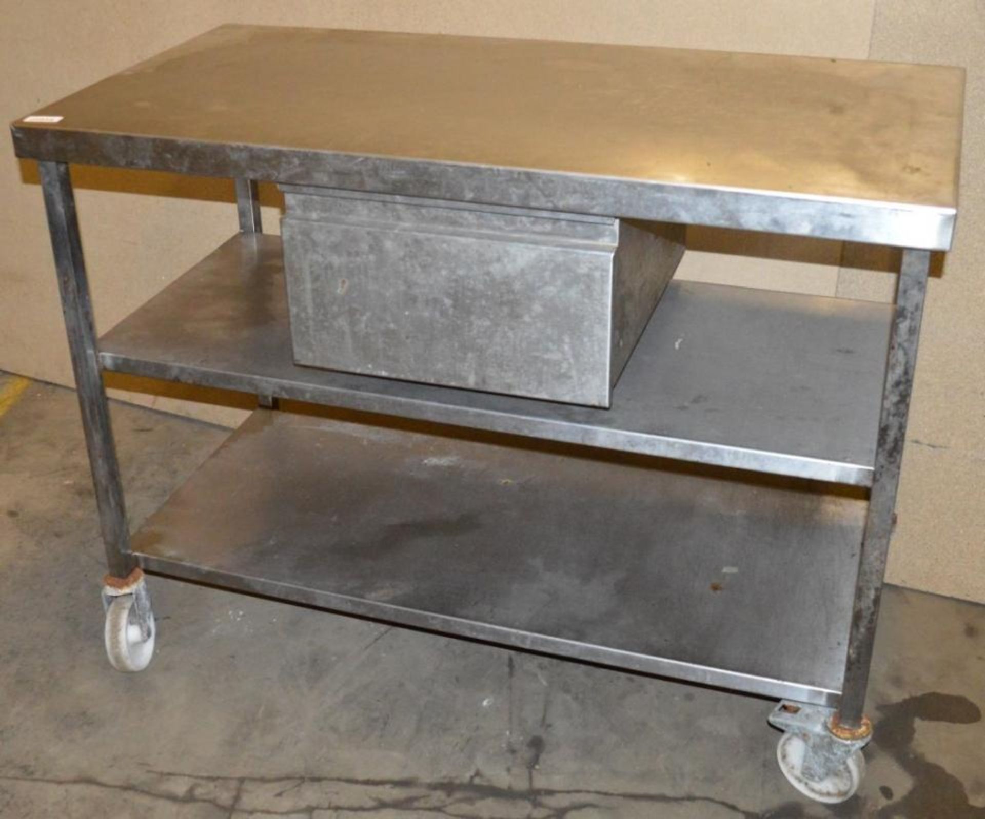 1 x Stainless Steel Prep Bench With Undershelves, Integral Drawer and Castor Wheels - H91 x W120 x