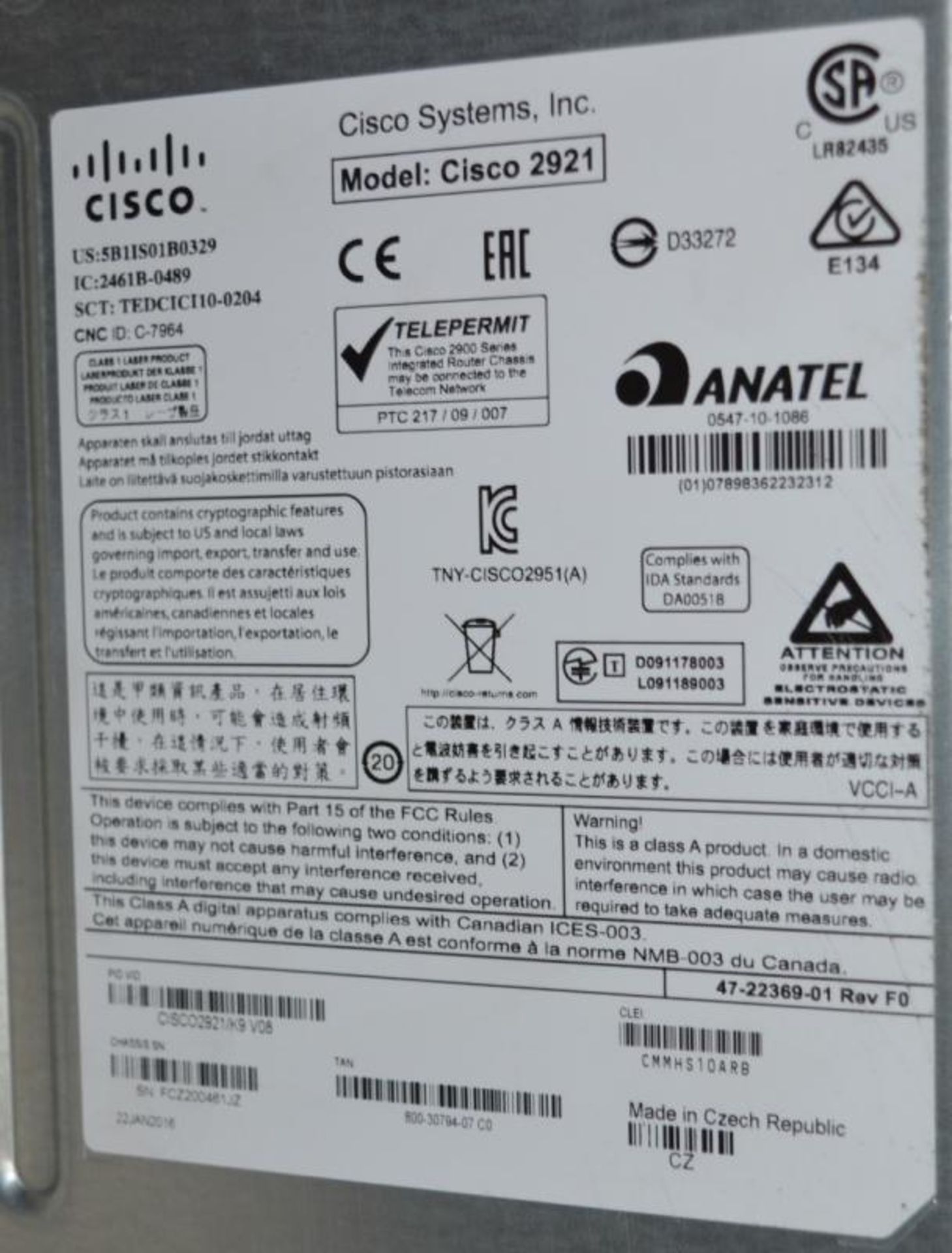 1 x Cisco 2921 K9 V08 Integrated Services Router - CL285 - Ref JP324 F2 - Location: Altrincham WA14 - Image 4 of 5