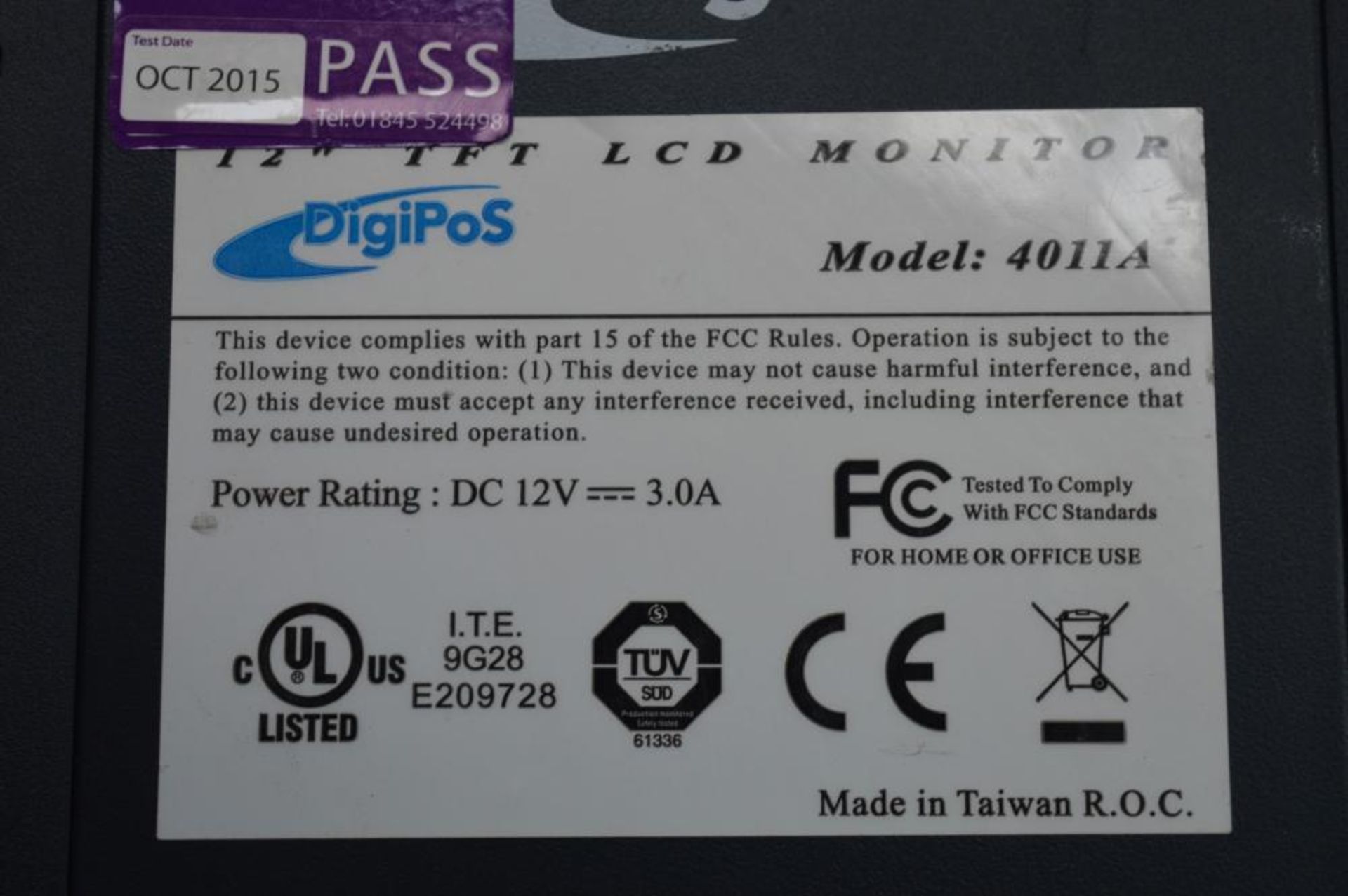 1 x Digipos 12 Inch TFT LCD Monitor - Model 4011A - CL285 - Ref J725 - Location: Altrincham WA14 - Image 2 of 3