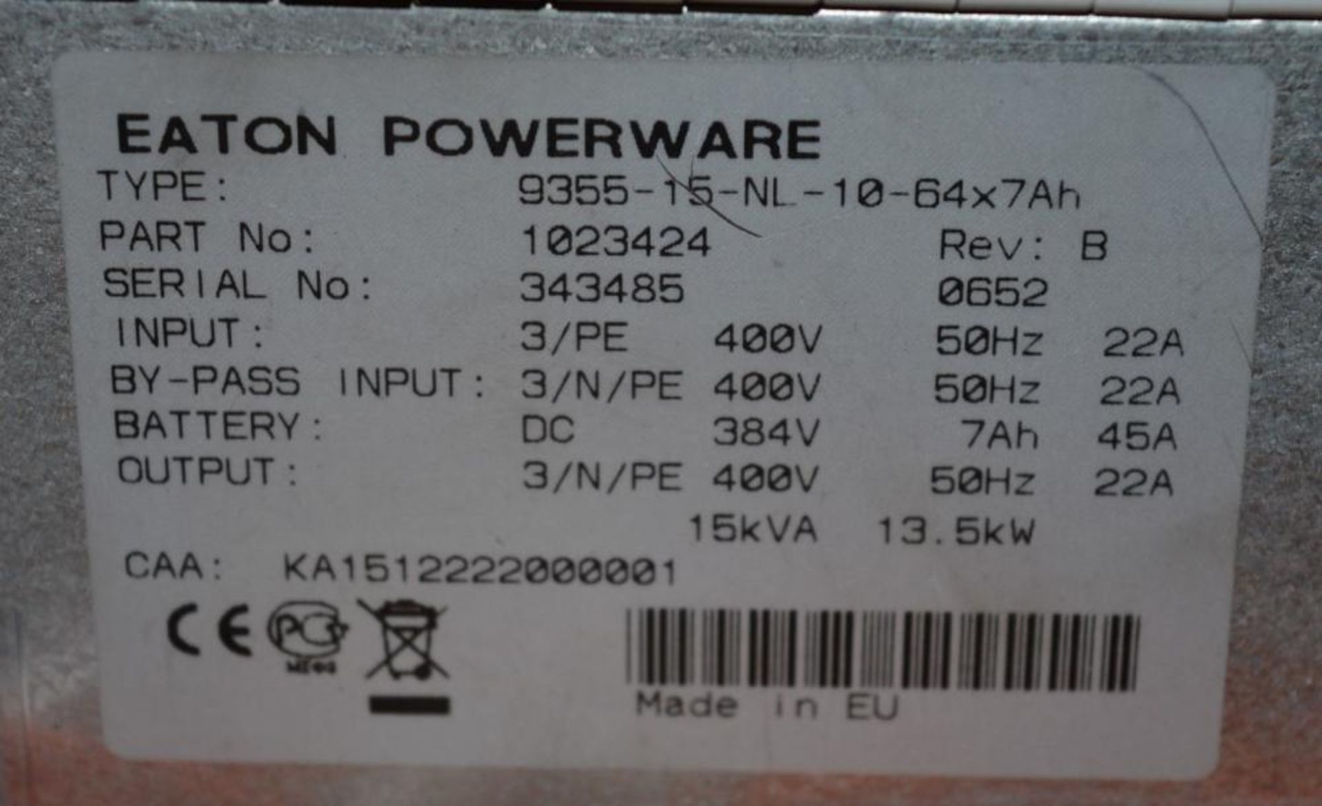 1 x Eaton Powerware 9355 3 Phase 15kVA UPS (Part Number 1023424) With 2 x 9x55 Extended UPS Battery - Bild 5 aus 7