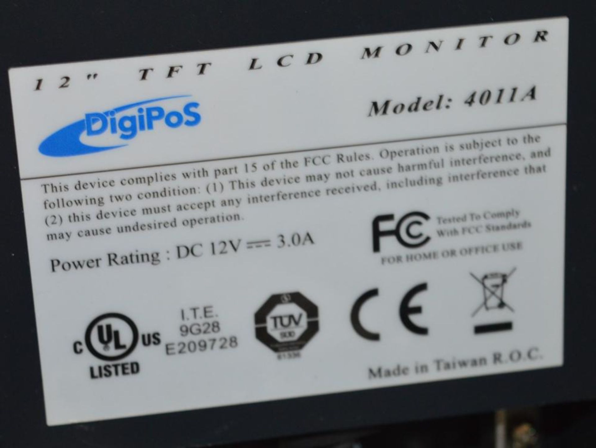 1 x Digipos 12 Inch TFT LCD Monitor - Model 4011A - CL285 - Ref J729 - Location: Altrincham WA14 - Image 2 of 2