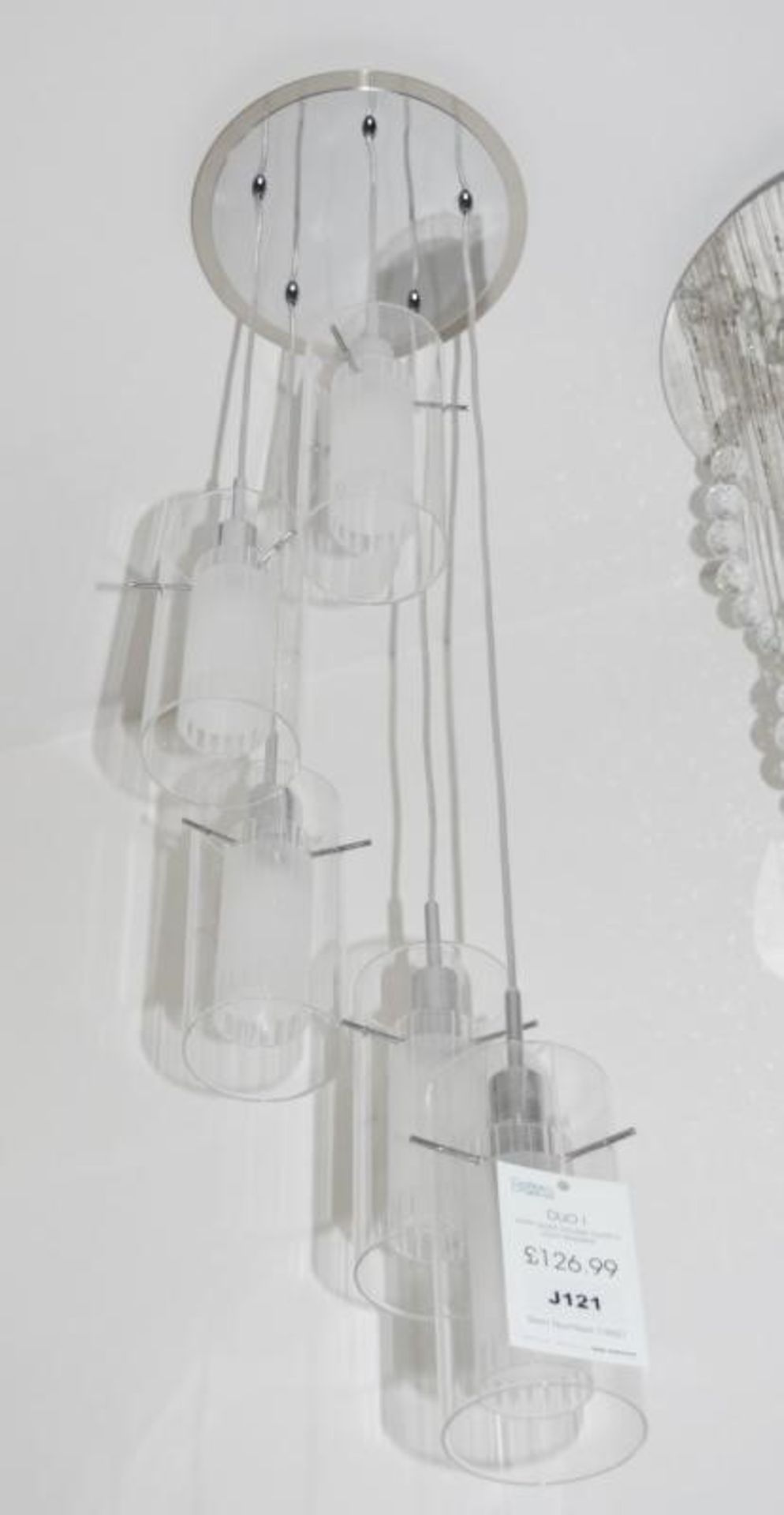 1 x DUO 1 5-Light Multi-drop Pendant With Double Glass Cylinder Shades - Finish: Satin Silver (Chrom - Image 3 of 3