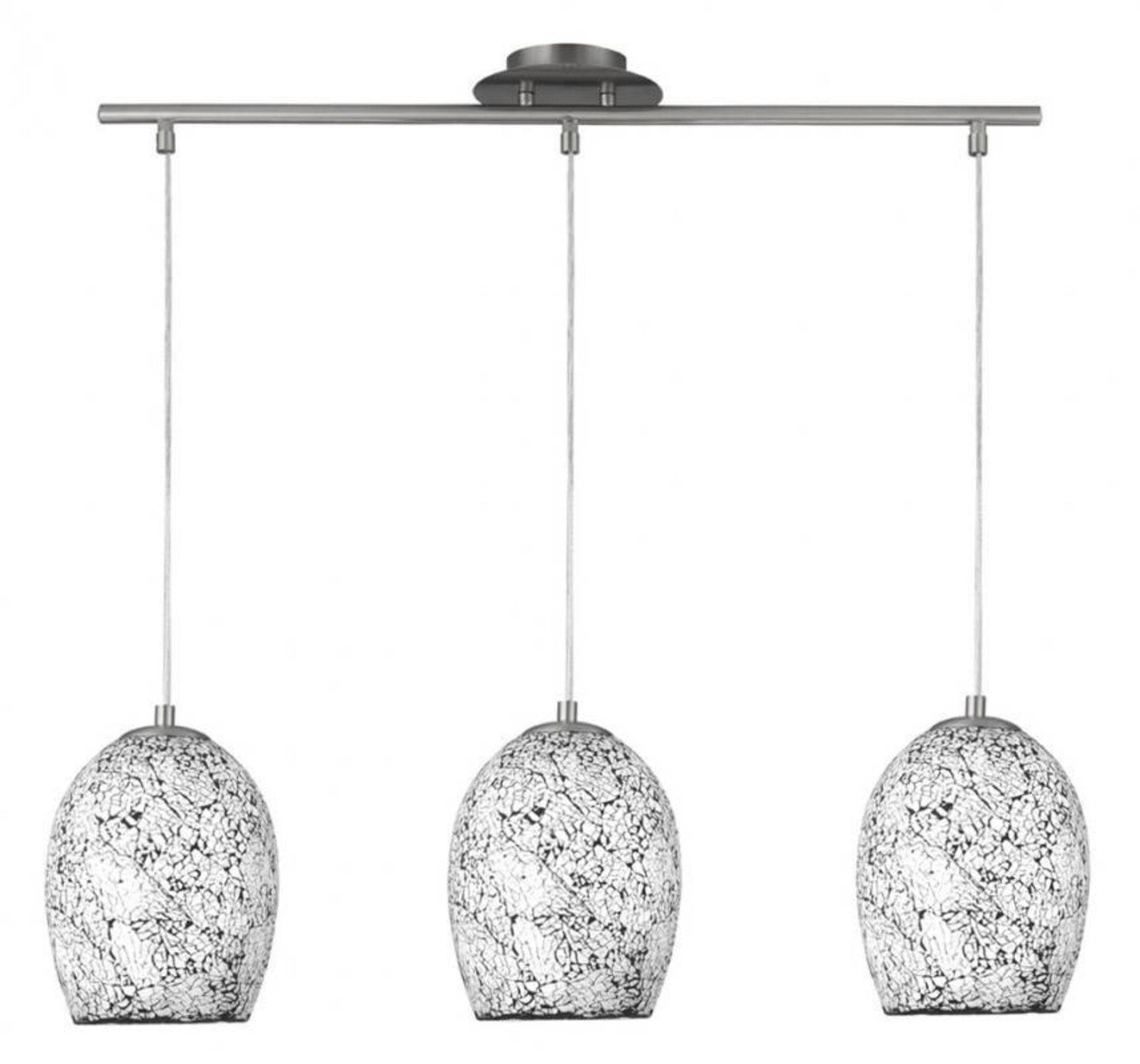 1 x Crackle White Mosaic Glass 3 Light Fitting With Dome Shades and Satin Silver Trim - Ex Display S