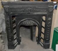 1 x Reclaimed Ornate Cast Iron Fireplace With Fire Fret In Matt Black - Recently Taken From A Listed