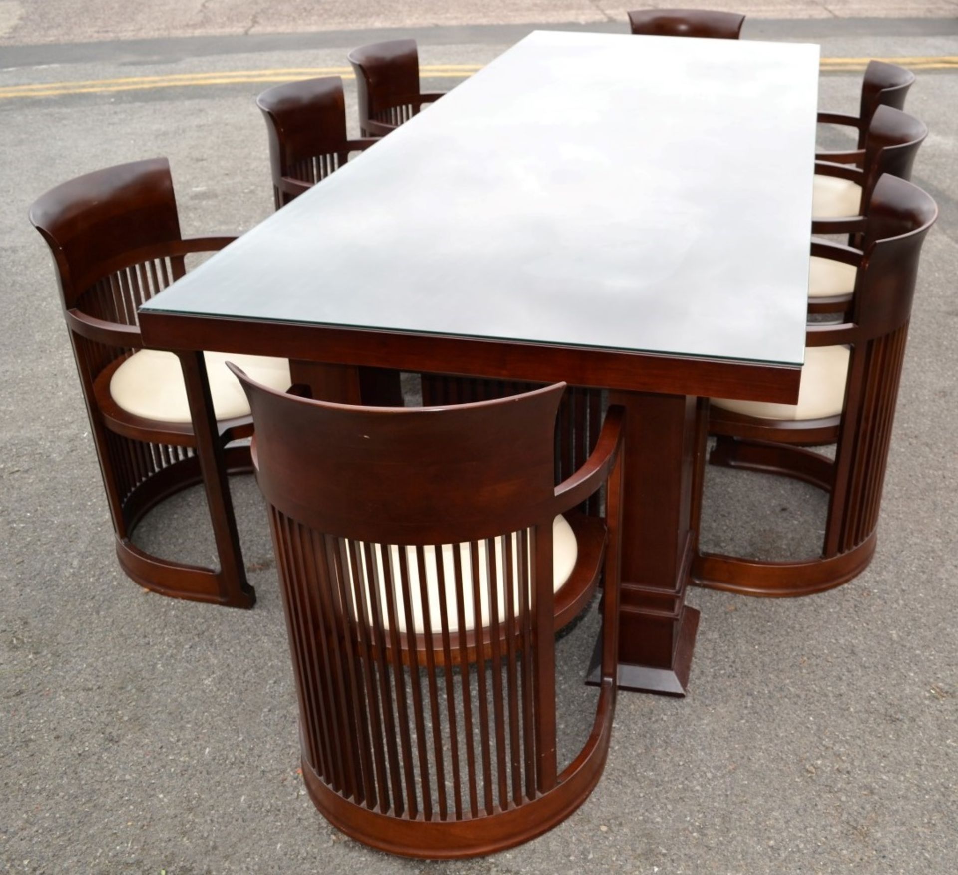 1 x Large Wooden Dining Table In The Style Of Frank Lloyd Wright + 8 x Dining Armchairs - NO VAT