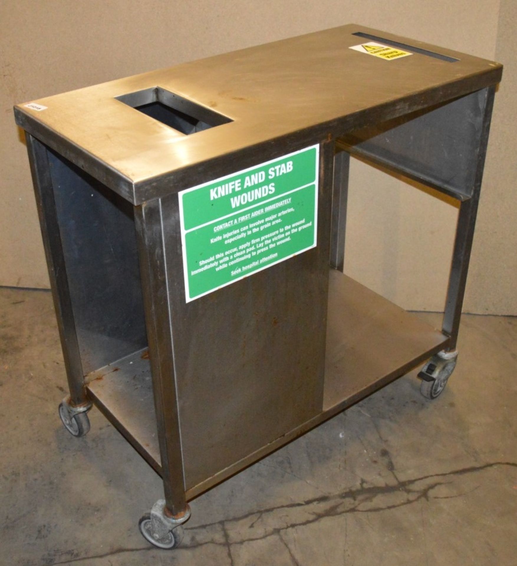 1 x Stainless Steel Prep Table on Castors With Bin Chute and Undershelf - H88 x W90 x D45 cms - - Image 5 of 6