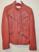 1 x Steilmann Bright Real Leather Biker Jacket In Salmon Pink - Features Aged Effect Design And Zipp
