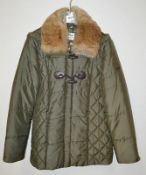 1 x Steilmann Womens Quilted Winter Coat In Khaki Green - Removable Hood With Faux Fur Trim - Size 1