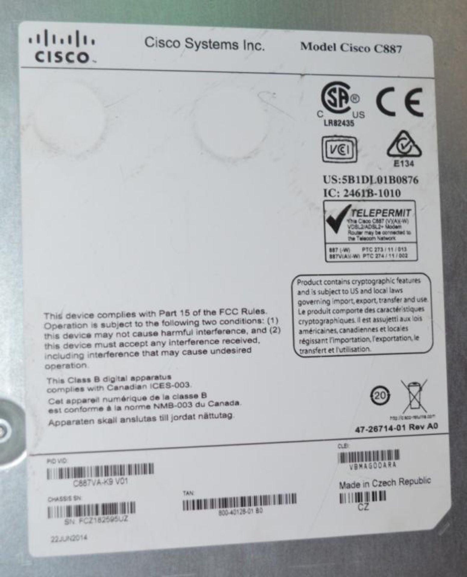 1 x Cisco 887VA-K9 V01 Integrated Services Router - CL285 - Ref J748 - Location: Altrincham WA14 - Image 2 of 3