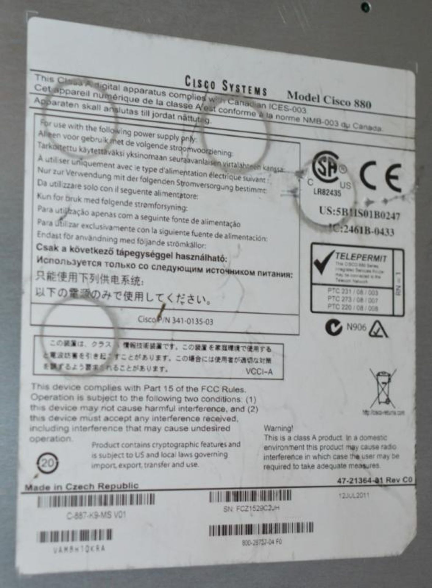 1 x Cisco 887-K9-MS V01 Integrated Services Router - CL285 - Ref J749 - Location: Altrincham WA14 - Image 2 of 3