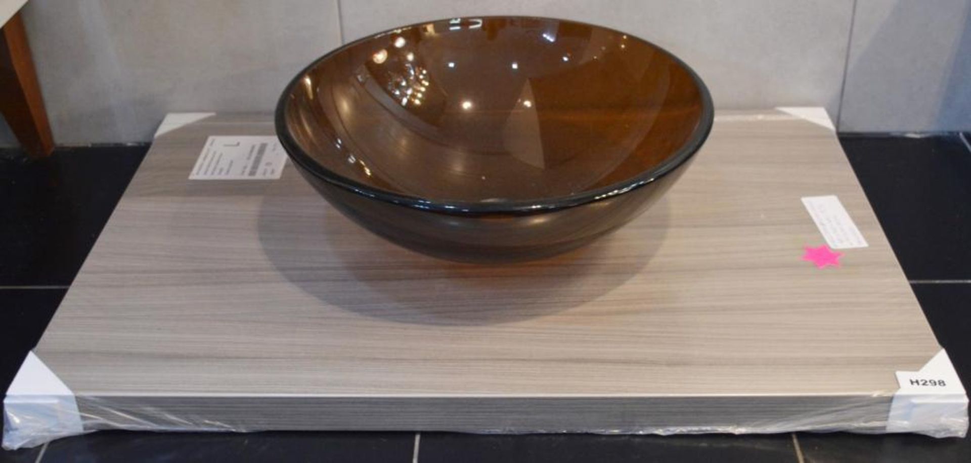 1 x Rossini Oak 800mm Shelf With DiVetro Brown Glass Countertop Sink Basin - 41cm Diameter - Unused - Image 5 of 6