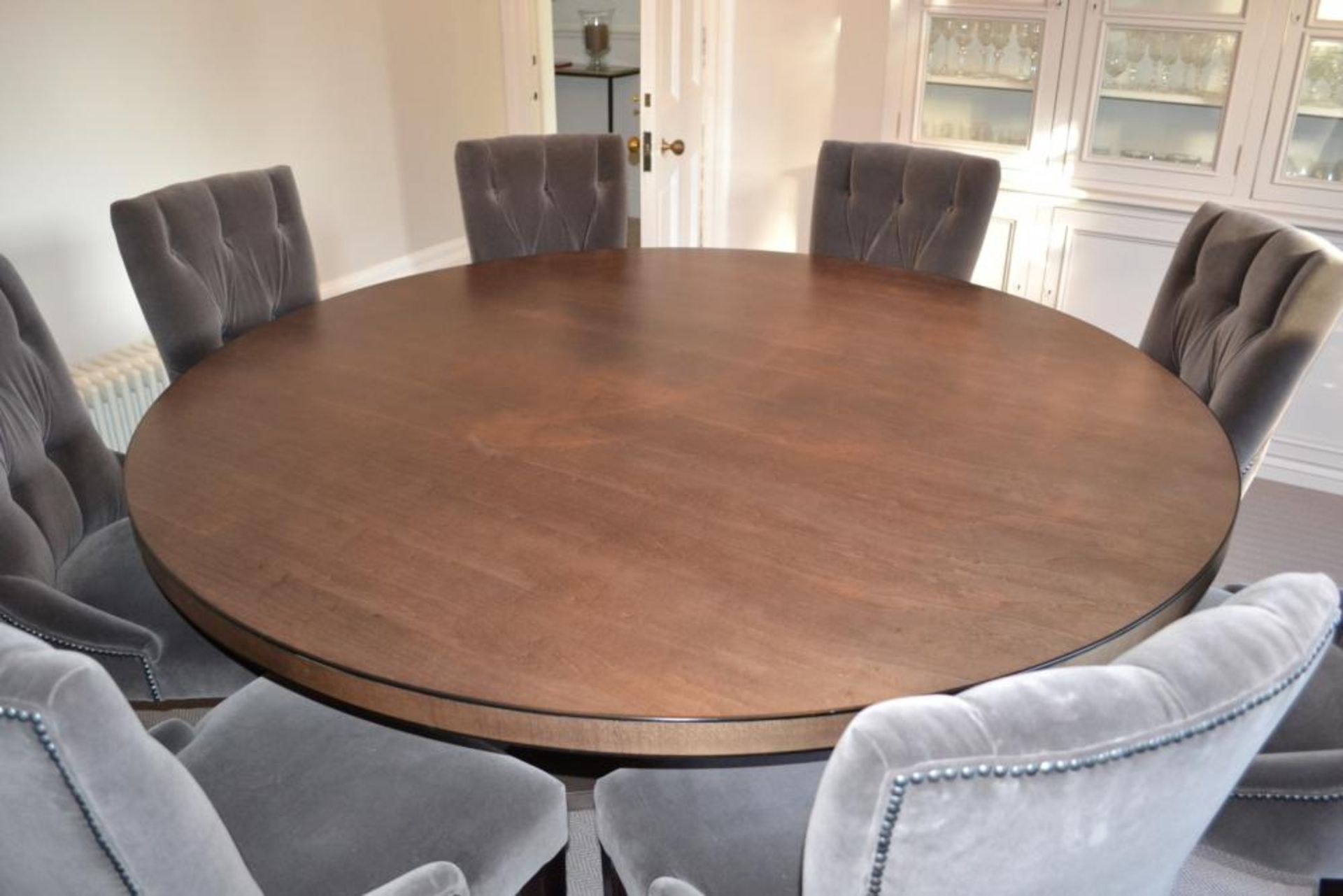 1 x Bespoke Round Dining Table With Sycamore Wood Finish - Includes Set of Six Grey Button Back - Image 2 of 20