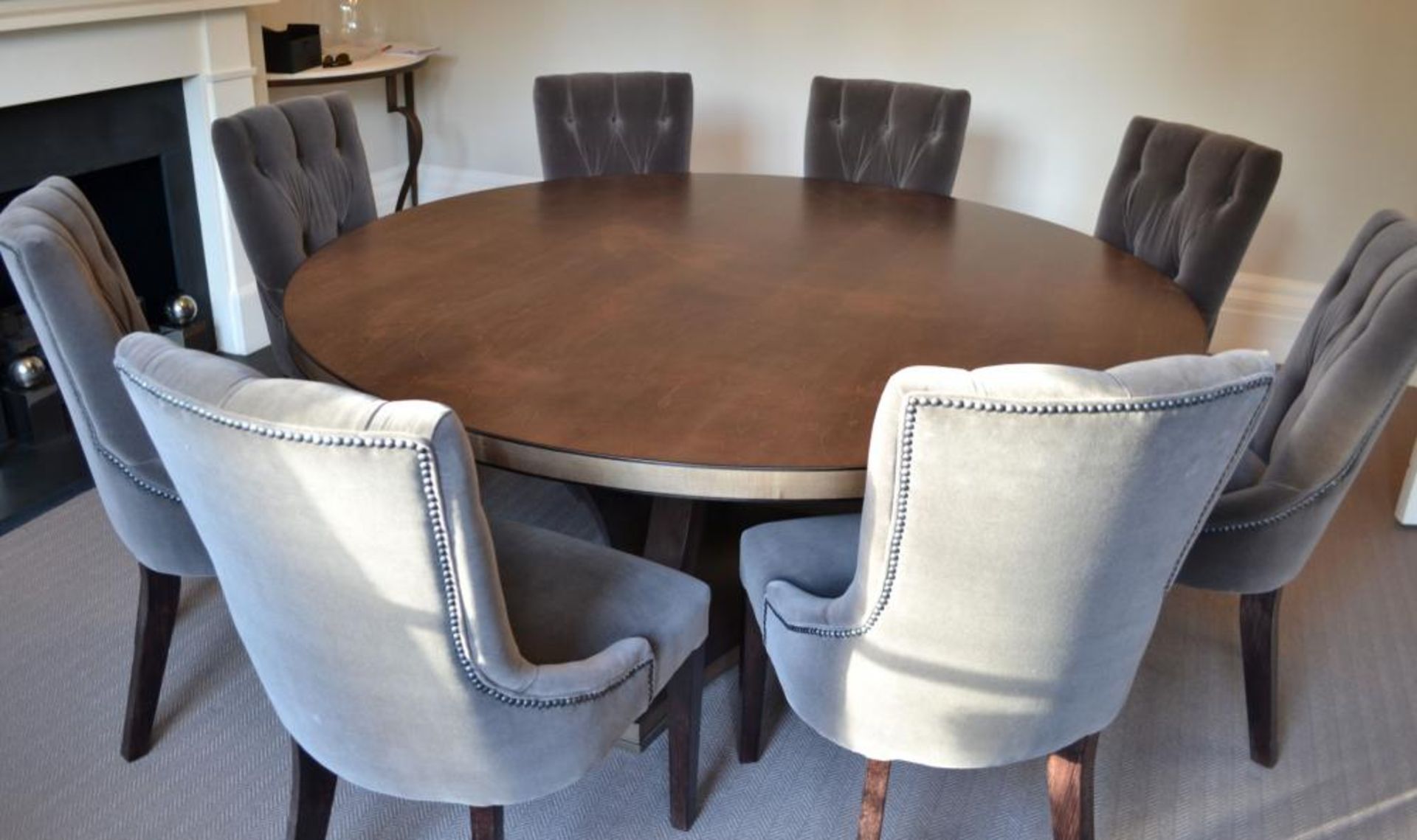 1 x Bespoke Round Dining Table With Sycamore Wood Finish - Includes Set of Six Grey Button Back - Image 7 of 20