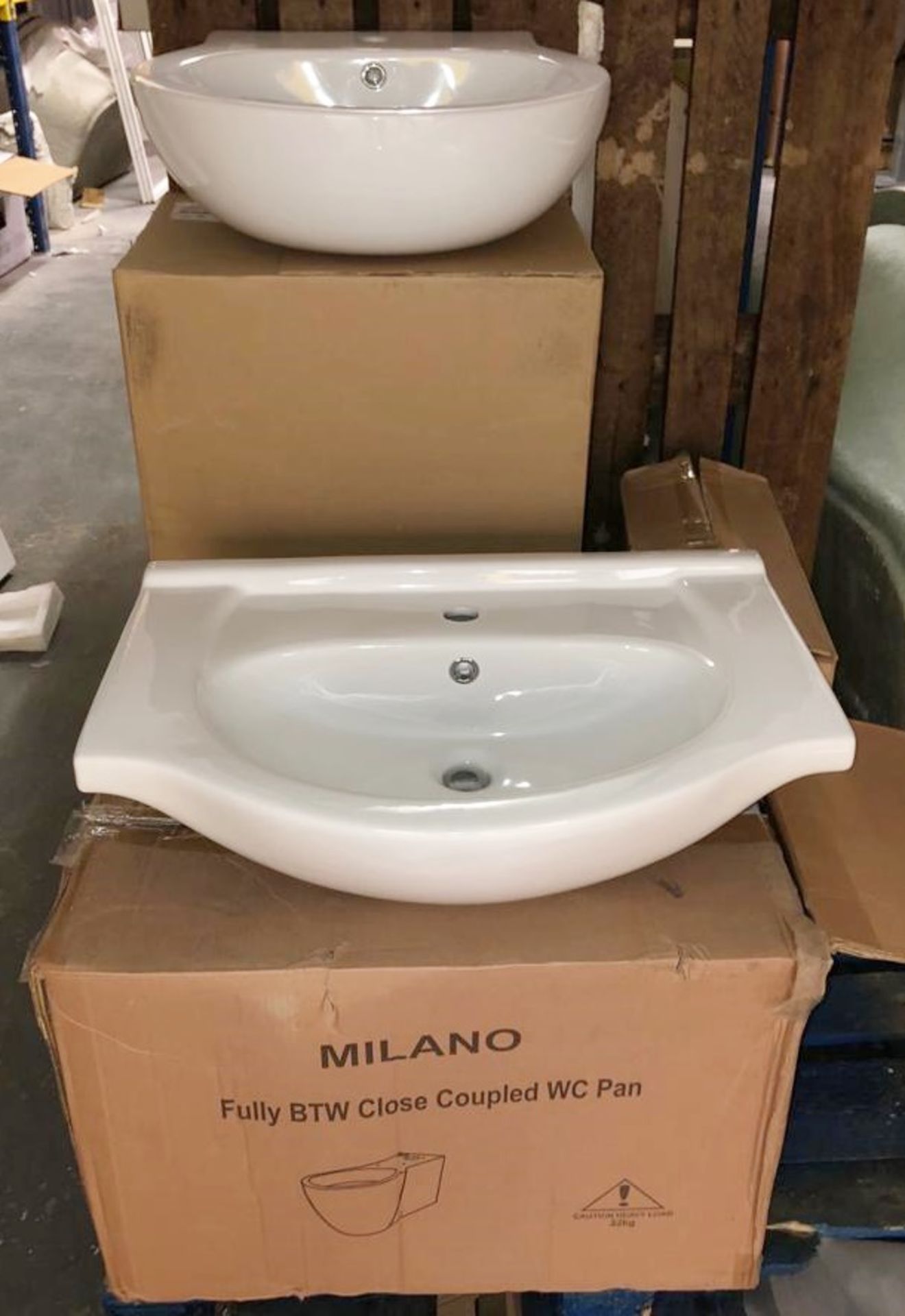 1 x Assorted Lot of Bathroom Items - Includes Sink Basins, BTW Toilet With Unit, Furniture, Bath