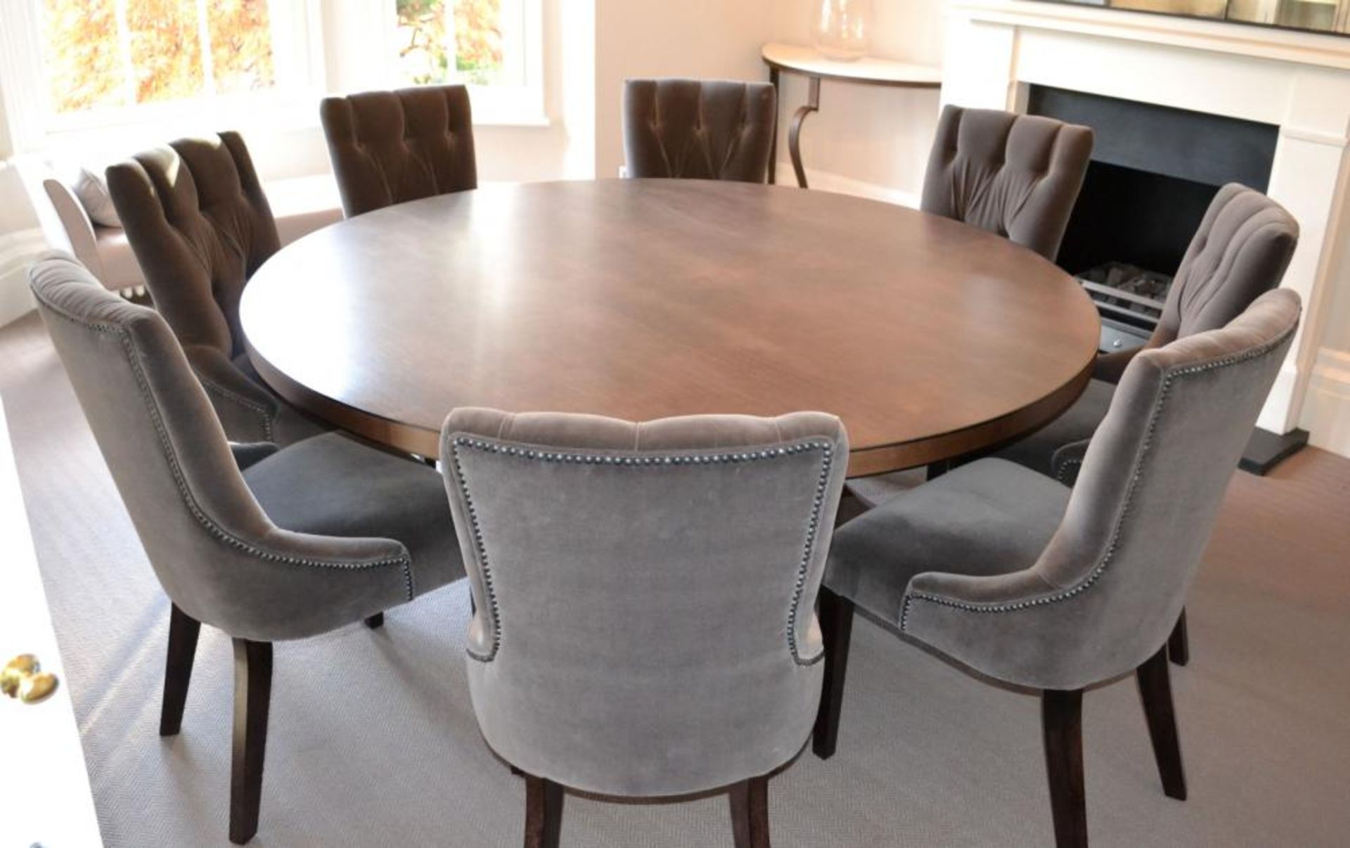 1 x Bespoke Round Dining Table With Sycamore Wood Finish - Includes Set of Six Grey Button Back - Image 15 of 20