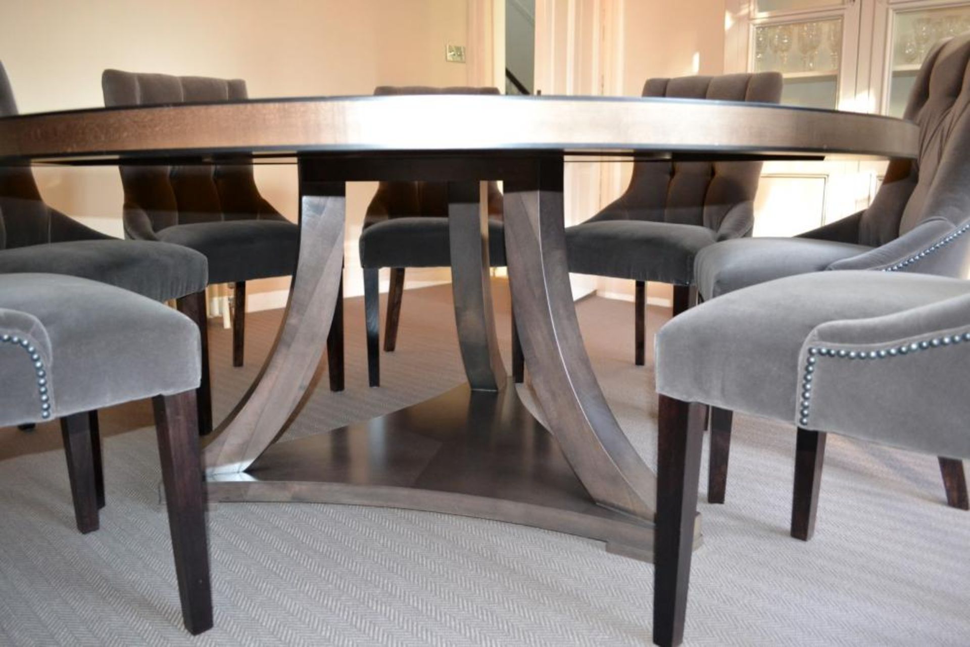 1 x Bespoke Round Dining Table With Sycamore Wood Finish - Includes Set of Six Grey Button Back - Image 17 of 20