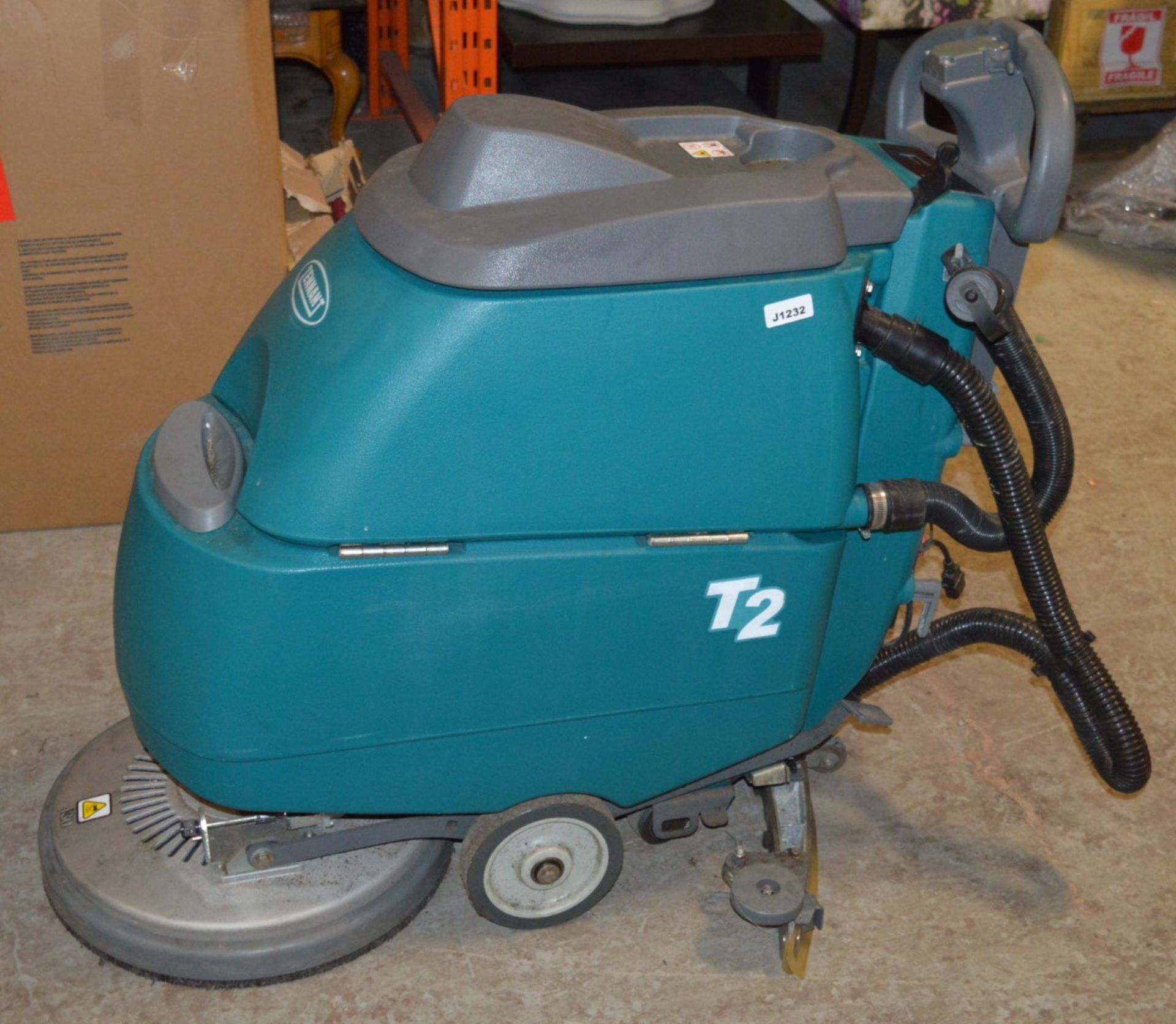1 x Tennant T2 Mid-Size Walk-Behind Floor Scrubber - Supplied Keys and Spare Accessories - Ref: