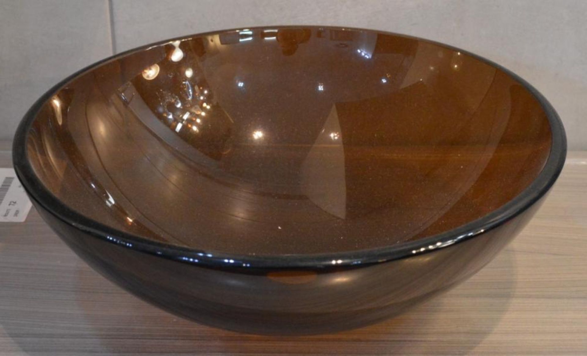 1 x Rossini Oak 800mm Shelf With DiVetro Brown Glass Countertop Sink Basin - 41cm Diameter - Unused - Image 4 of 6